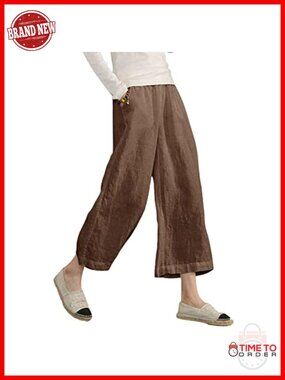 Linen Blend Cropped Wide Leg Pants with Pockets Elastic Waist Drawstring